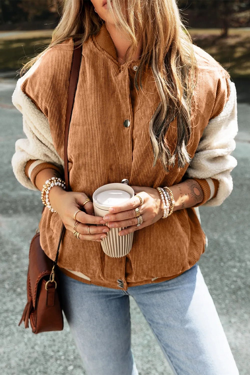 Contrast Baseball Collar Snap Down Long Sleeve Jacket - SuzRevera