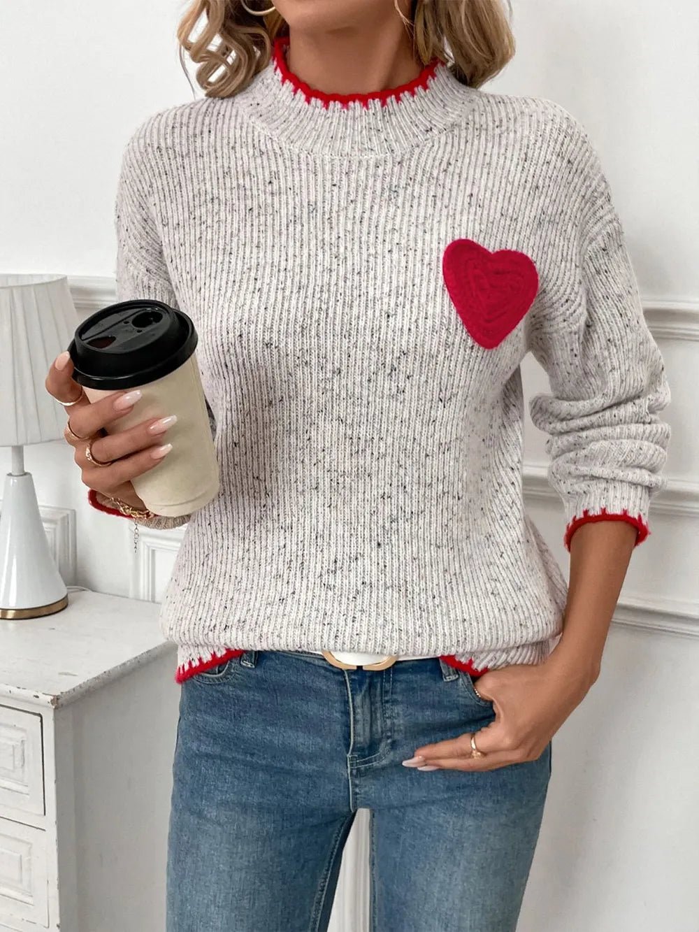 Contrast Heart Round Neck Long Sleeve Sweater - SuzRevera