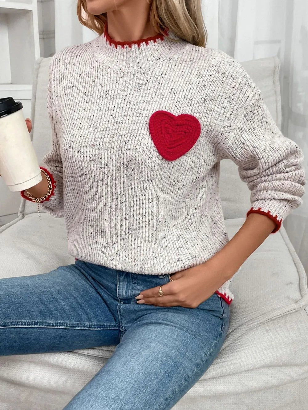 Contrast Heart Round Neck Long Sleeve Sweater - SuzRevera