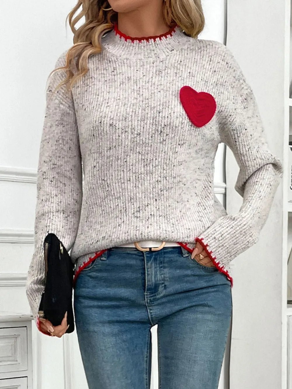Contrast Heart Round Neck Long Sleeve Sweater - SuzRevera