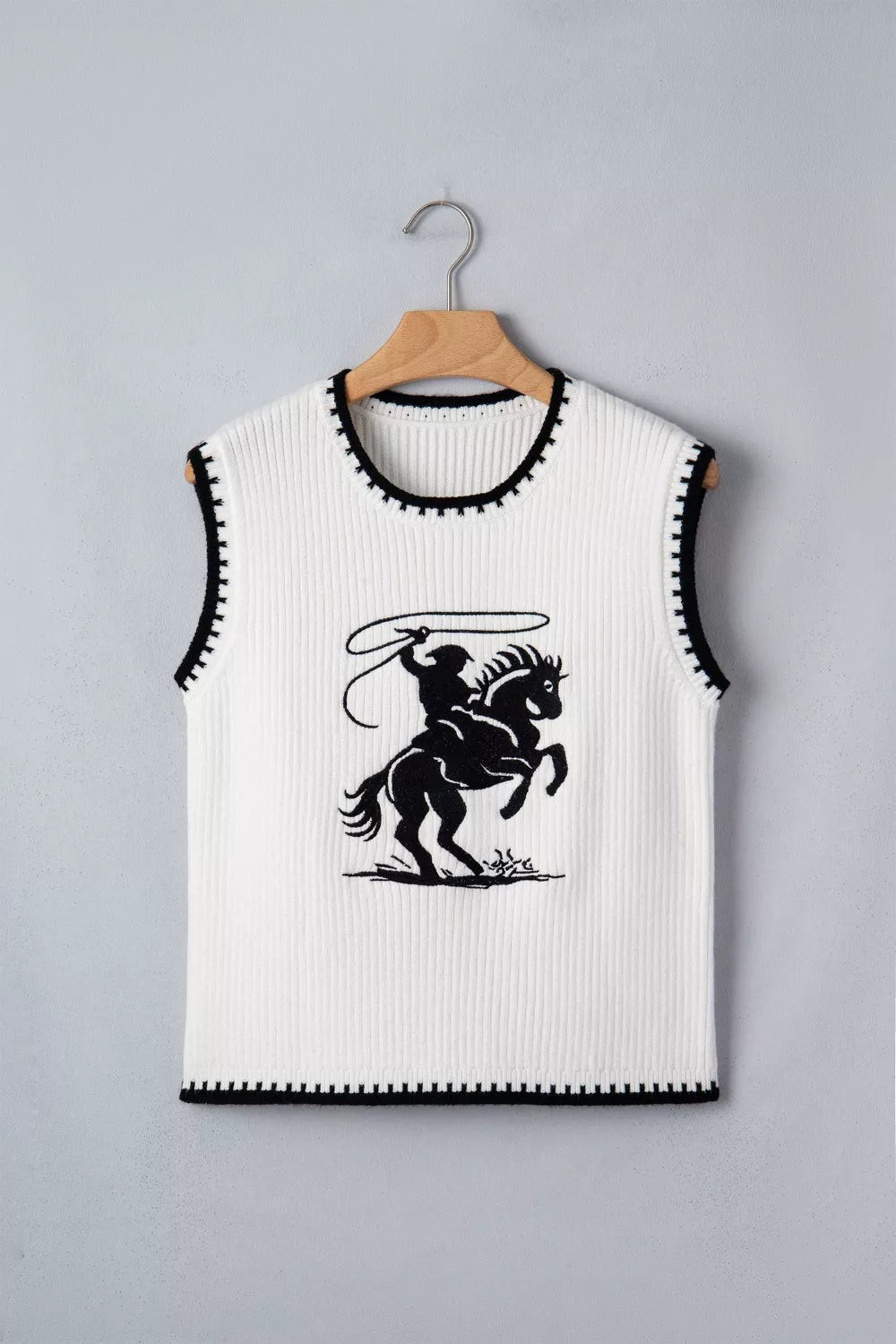 Contrast Trim Round Neck Rodeo Cowboy Sweater Vest - SuzRevera