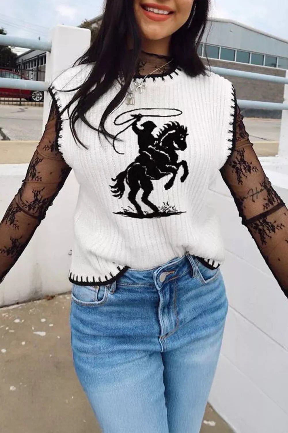 Contrast Trim Round Neck Rodeo Cowboy Sweater Vest - SuzRevera