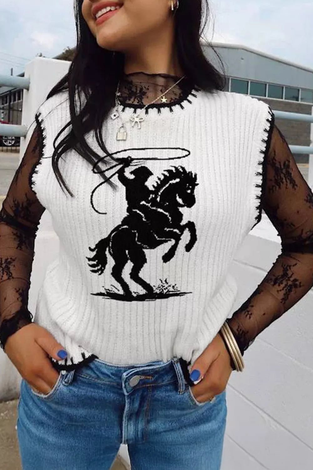 Contrast Trim Round Neck Rodeo Cowboy Sweater Vest - SuzRevera