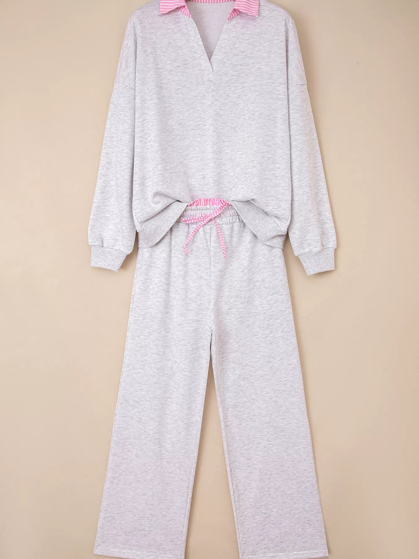 Contrasted Trim Frilled Collar Drop Shoulder Top and Drawstring Pant Set - SuzRevera