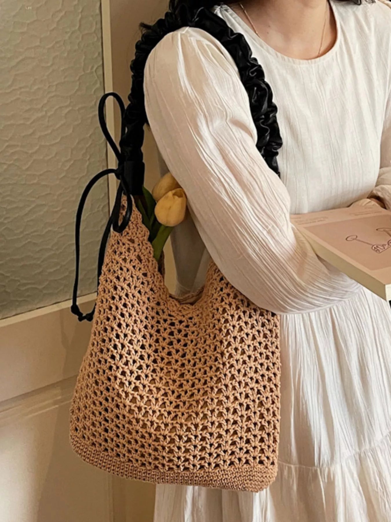 Crochet Shoulder Bag with Ruched Handle - SuzRevera