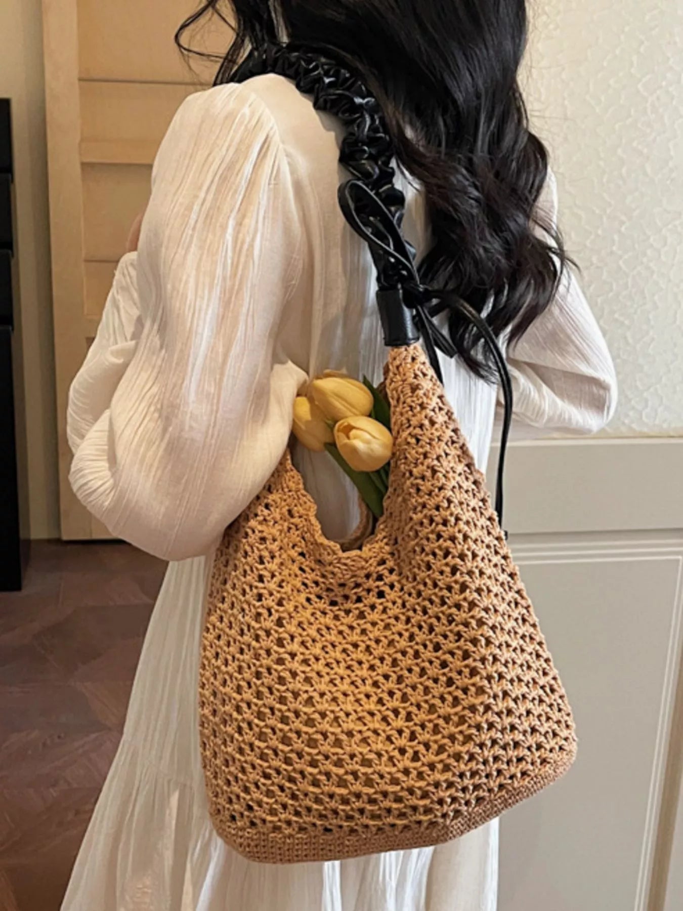 Crochet Shoulder Bag with Ruched Handle - SuzRevera