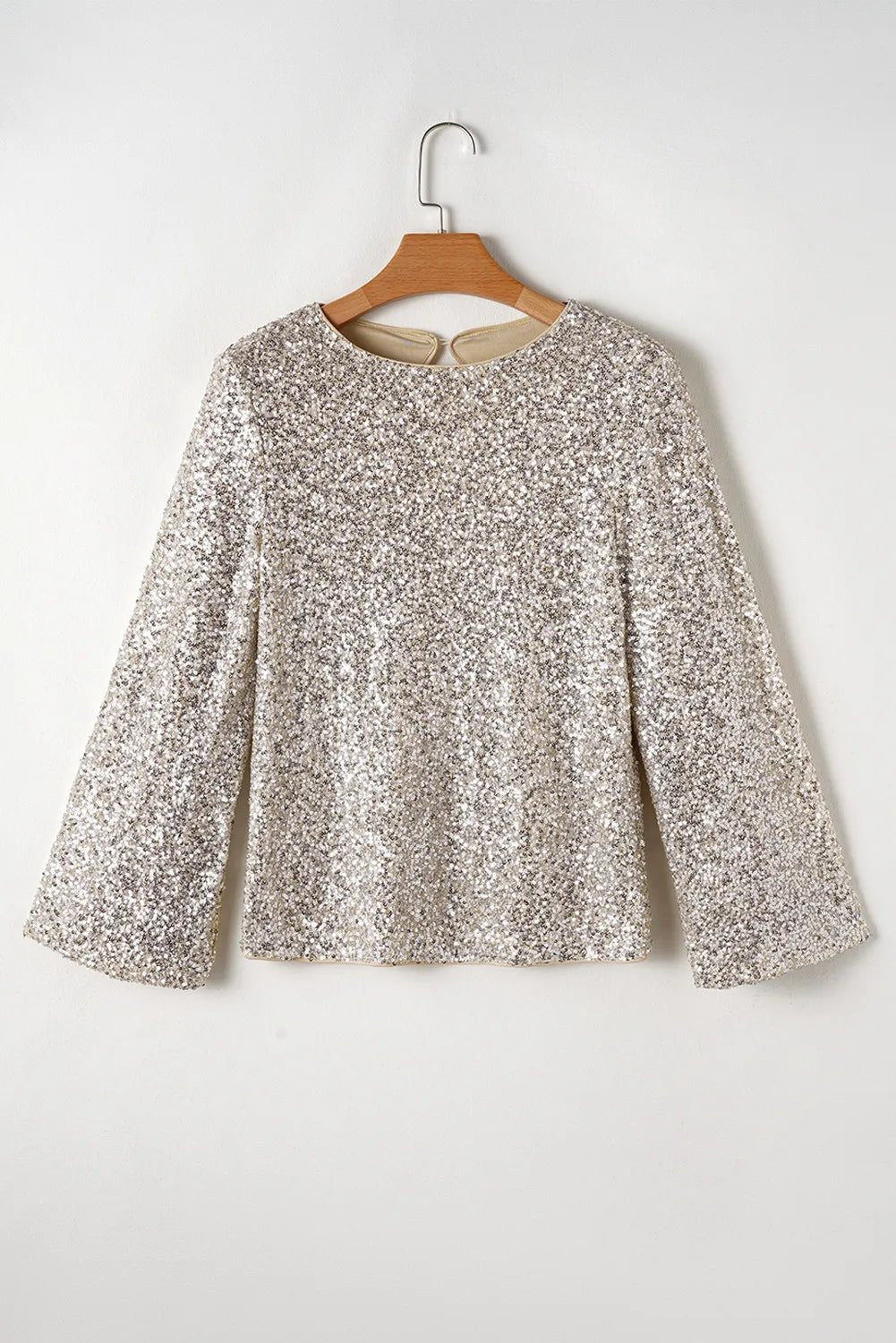 Cutout Sequin Round Neck Long Sleeve Blouse - SuzRevera
