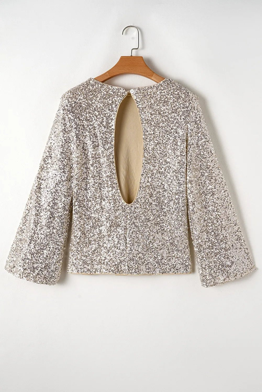 Cutout Sequin Round Neck Long Sleeve Blouse - SuzRevera
