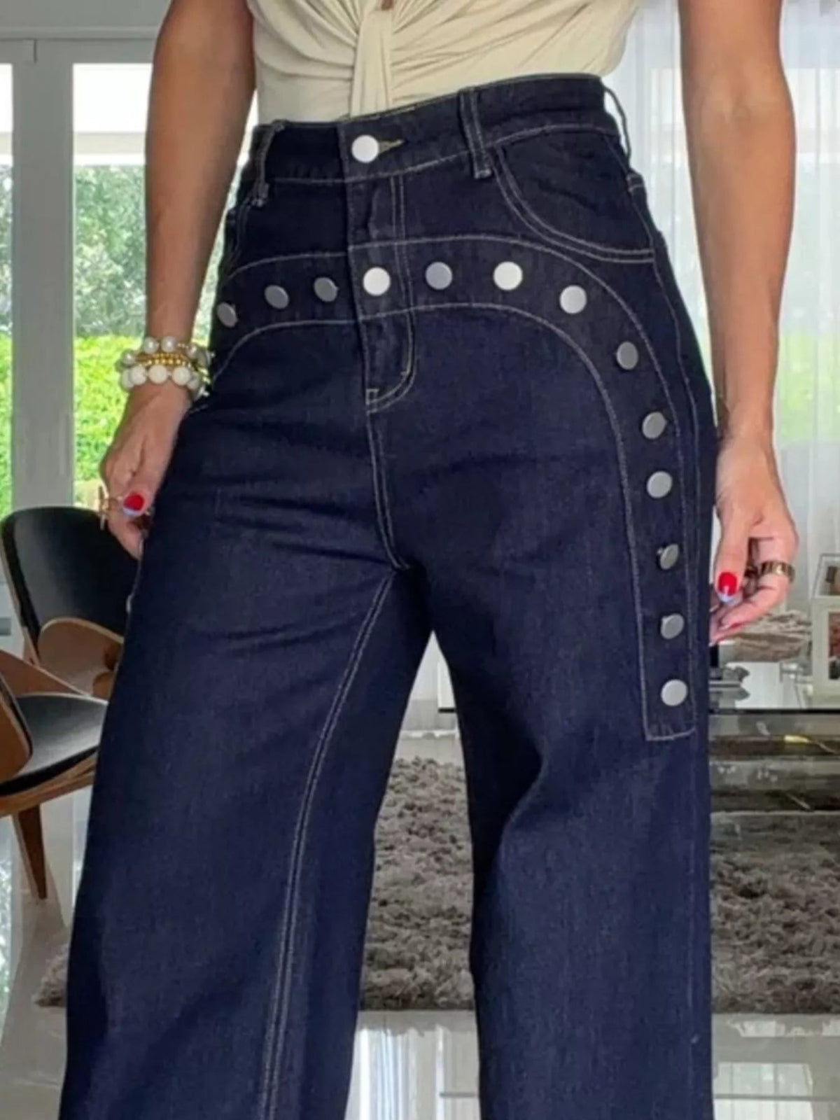 Decorative Button High-Waisted Wide-Leg Jeans - SuzRevera