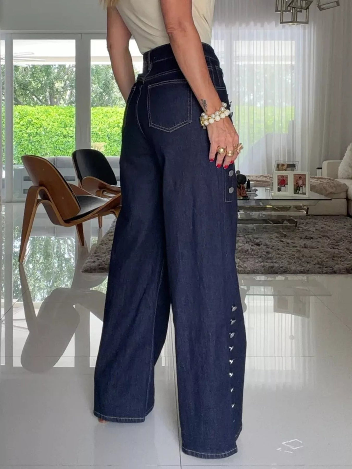 Decorative Button High-Waisted Wide-Leg Jeans - SuzRevera