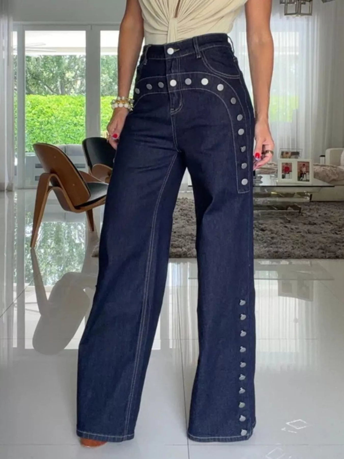 Decorative Button High-Waisted Wide-Leg Jeans - SuzRevera