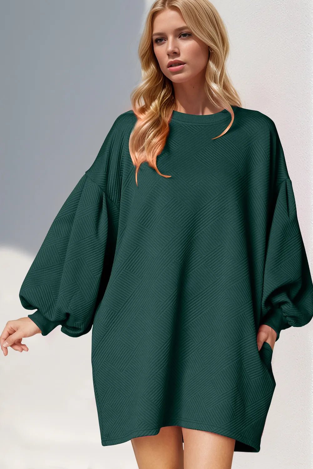 Double Take Drop Shoulder Lantern Sleeve Texture Mini Dress with Pockets - SuzRevera