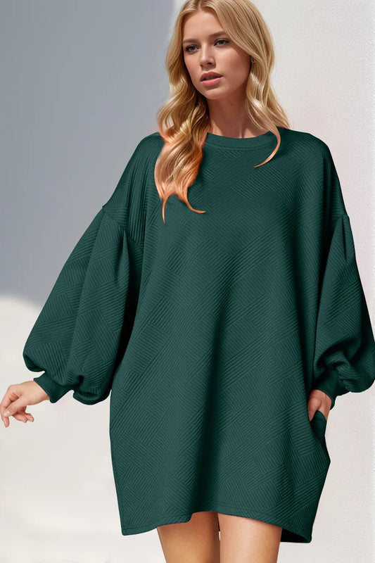 Double Take Drop Shoulder Lantern Sleeve Texture Mini Dress with Pockets - SuzRevera