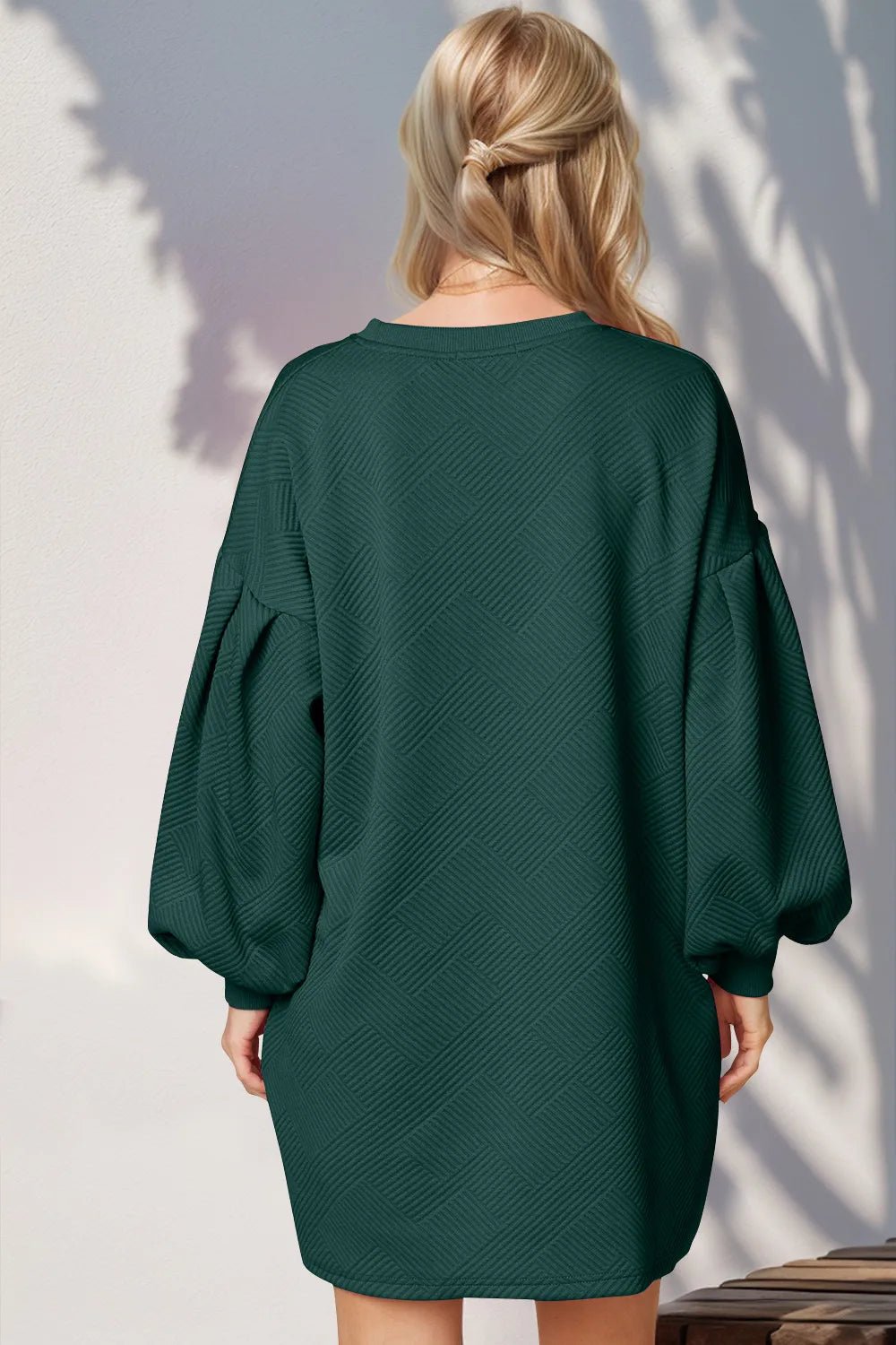 Double Take Drop Shoulder Lantern Sleeve Texture Mini Dress with Pockets - SuzRevera