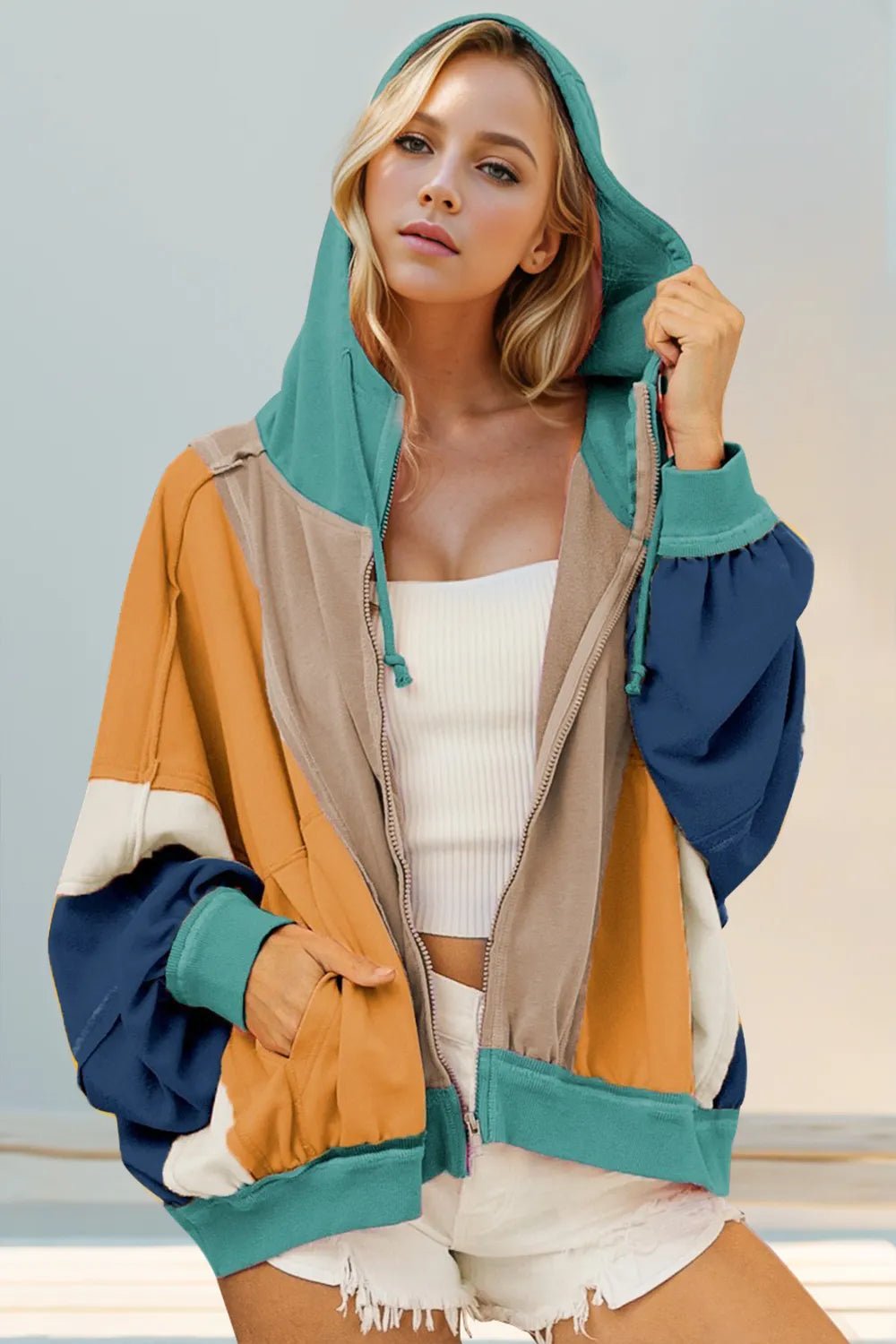 Double Take Full Size Color Block Zip Up Hoodie - SuzRevera