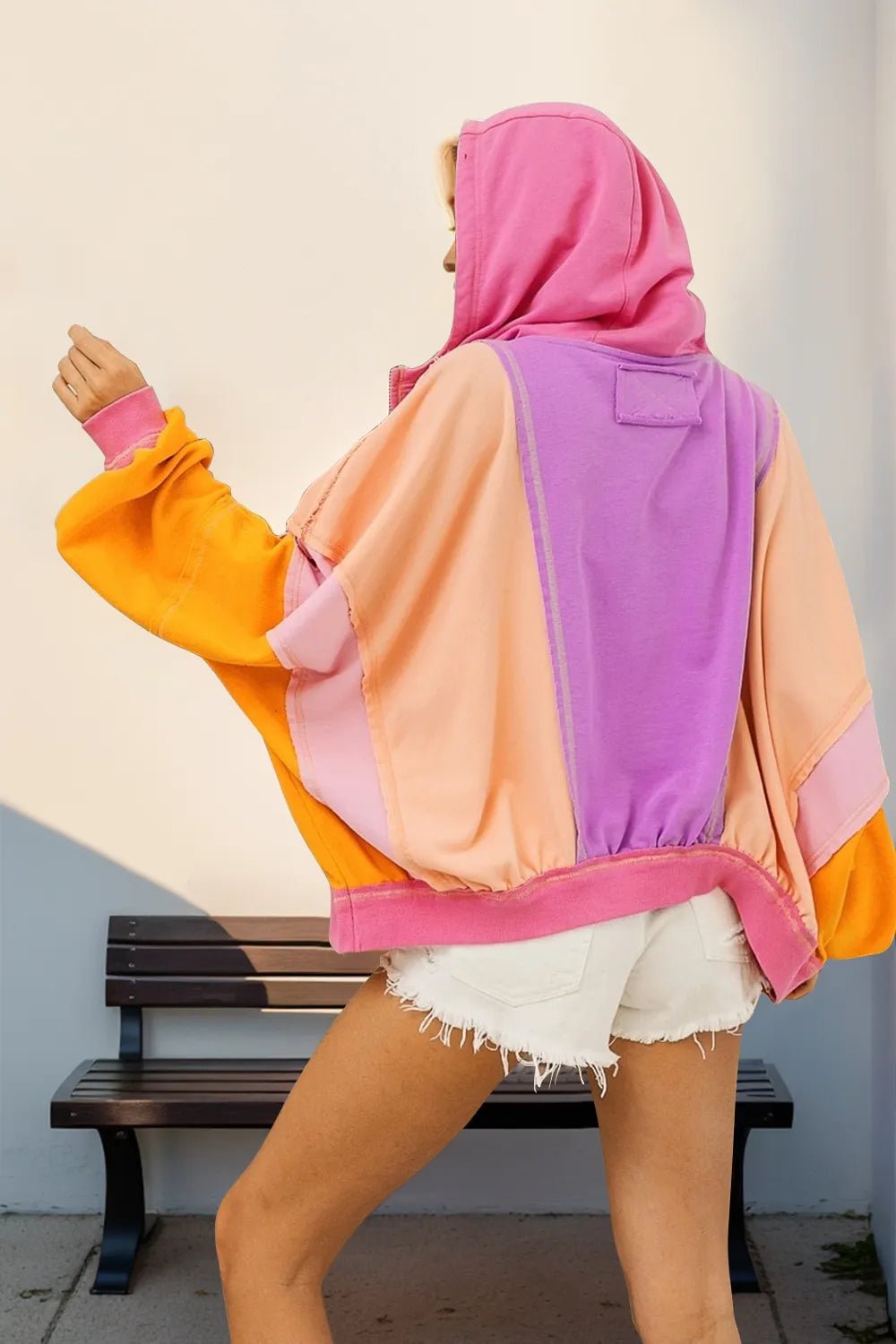 Double Take Full Size Color Block Zip Up Hoodie - SuzRevera