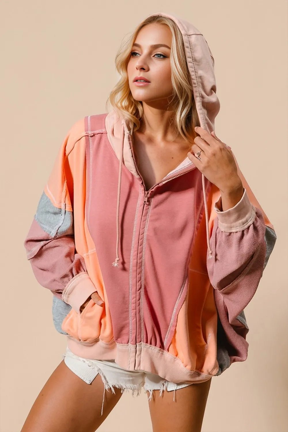 Double Take Full Size Color Block Zip Up Hoodie - SuzRevera
