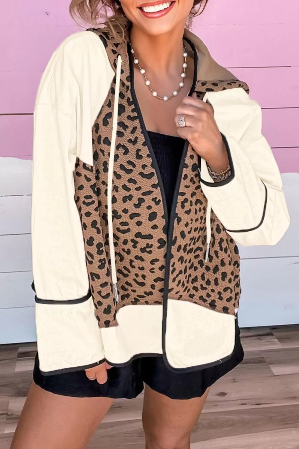 Drawstring Leopard Long Sleeve Hooded Jacket - SuzRevera