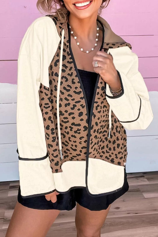 Drawstring Leopard Long Sleeve Hooded Jacket - SuzRevera