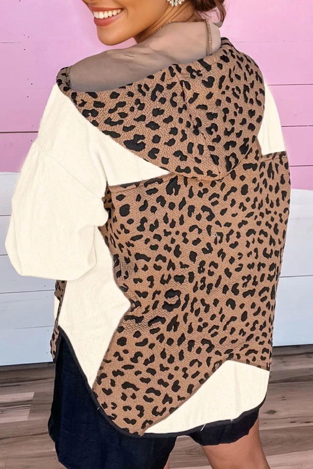 Drawstring Leopard Long Sleeve Hooded Jacket - SuzRevera