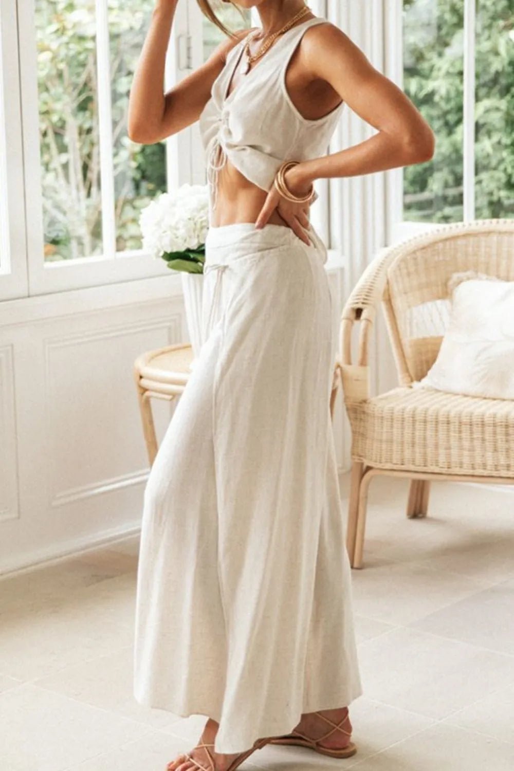 Drawstring V - Neck Tank and Pants Set - SuzRevera