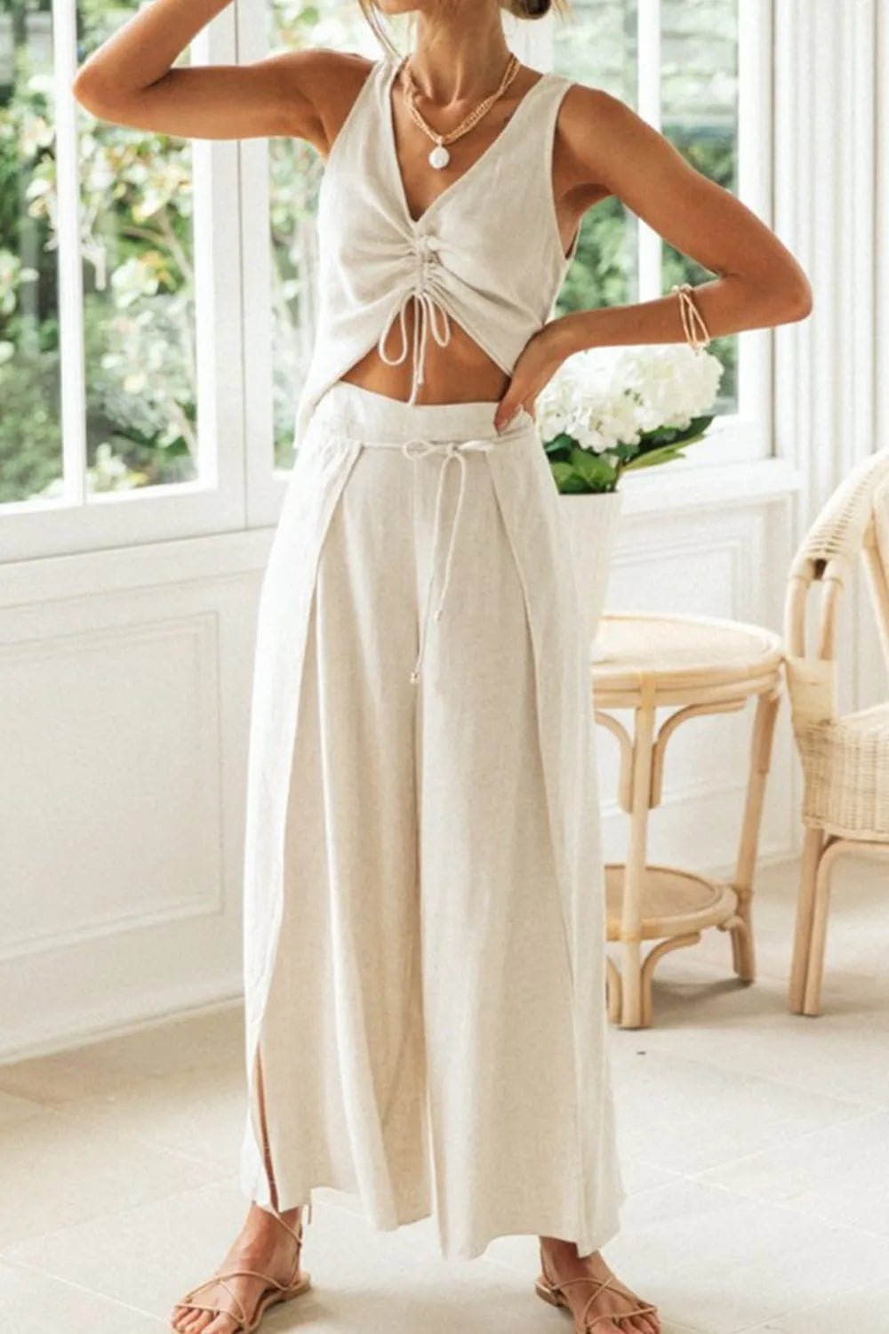 Drawstring V - Neck Tank and Pants Set - SuzRevera