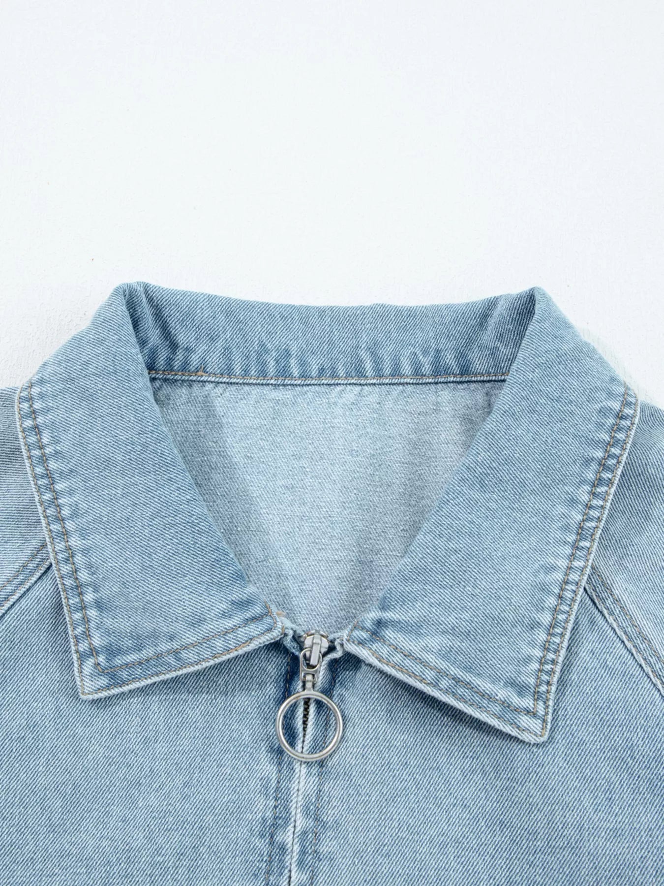 Elastic Edge Collared Zip Up Denim Jacket With Pocket - SuzRevera