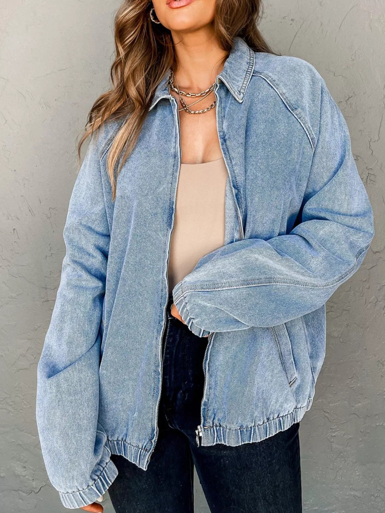 Elastic Edge Collared Zip Up Denim Jacket With Pocket - SuzRevera