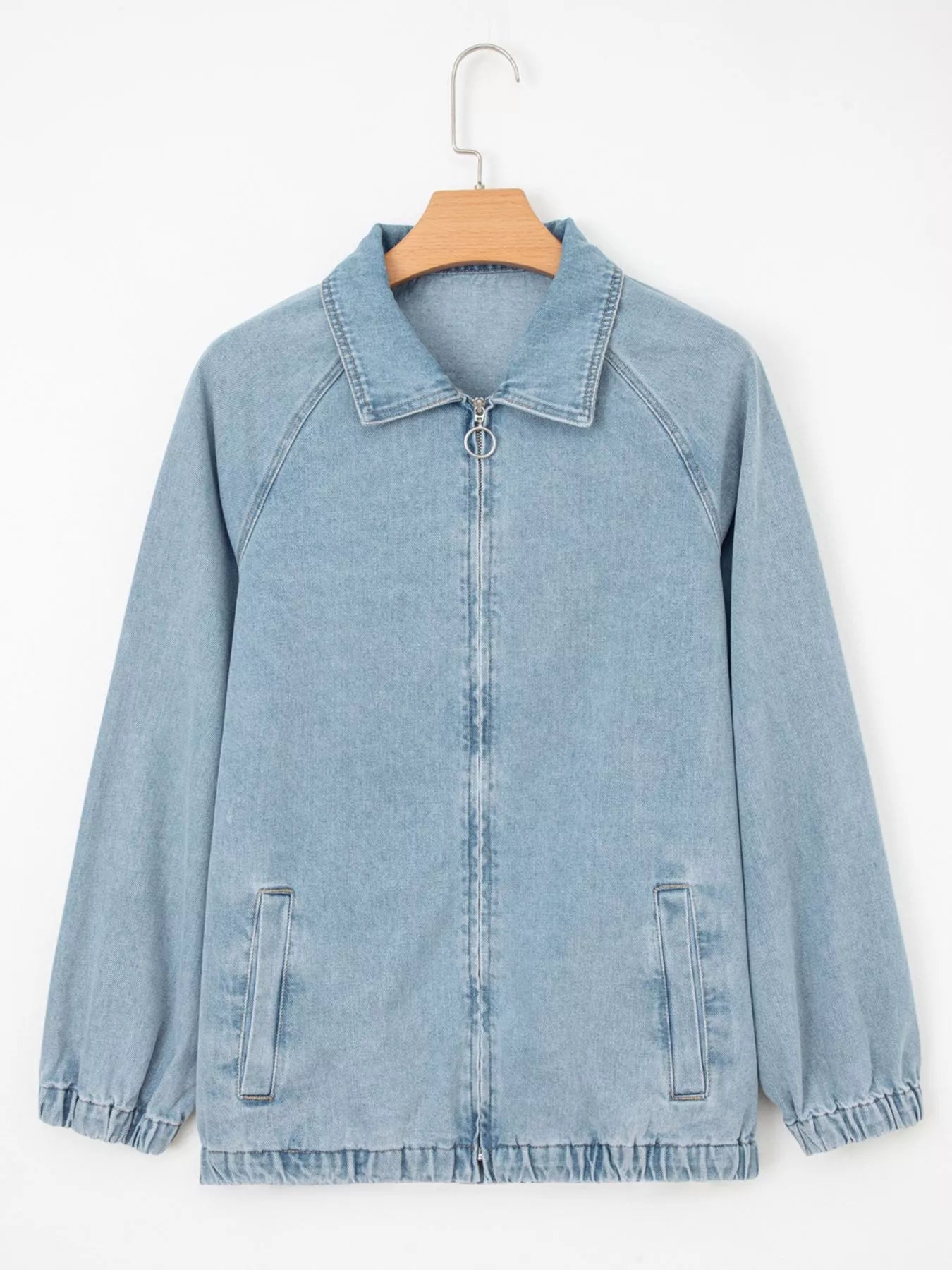 Elastic Edge Collared Zip Up Denim Jacket With Pocket - SuzRevera