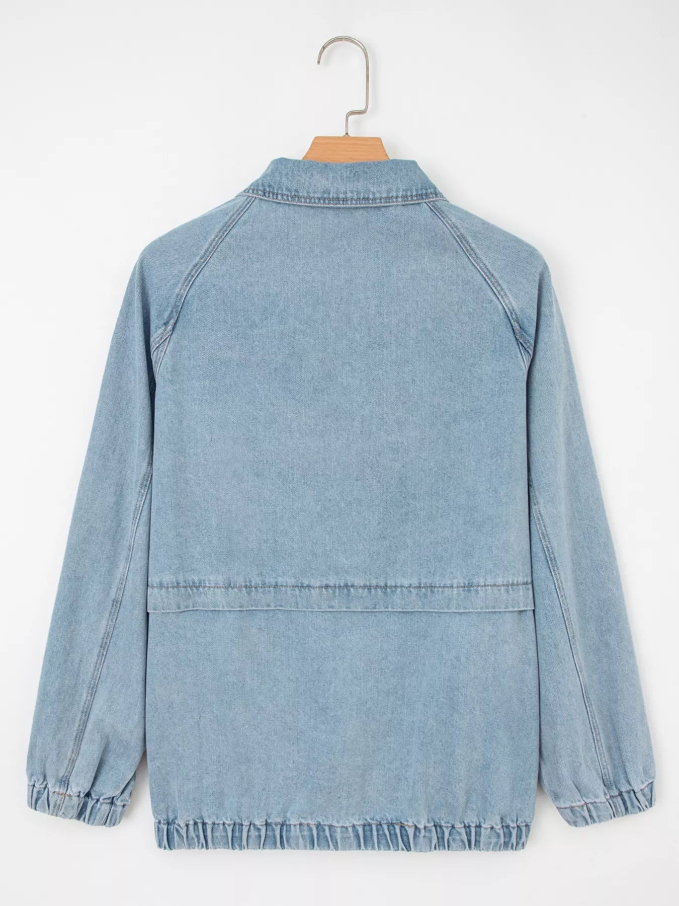 Elastic Edge Collared Zip Up Denim Jacket With Pocket - SuzRevera