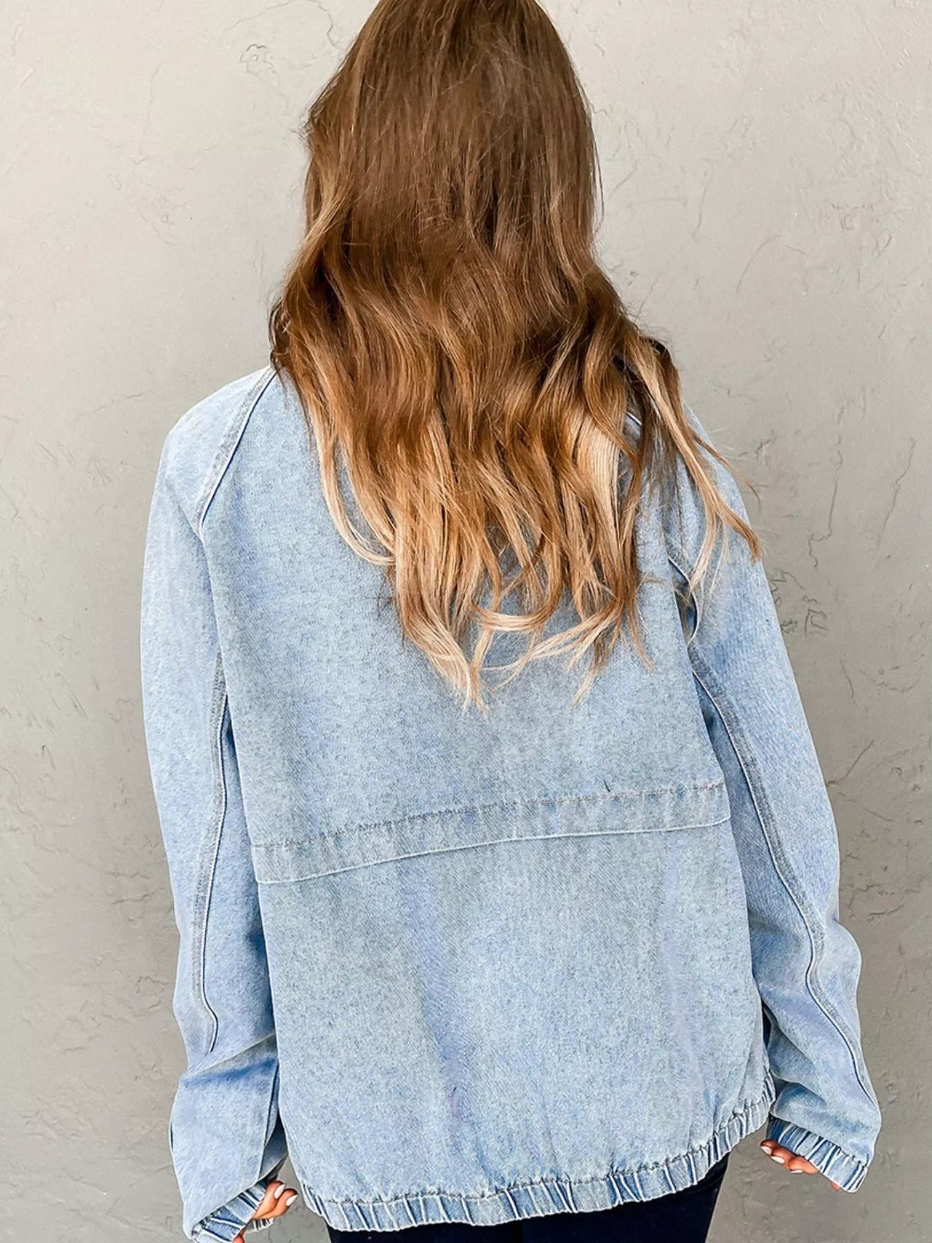 Elastic Edge Collared Zip Up Denim Jacket With Pocket - SuzRevera