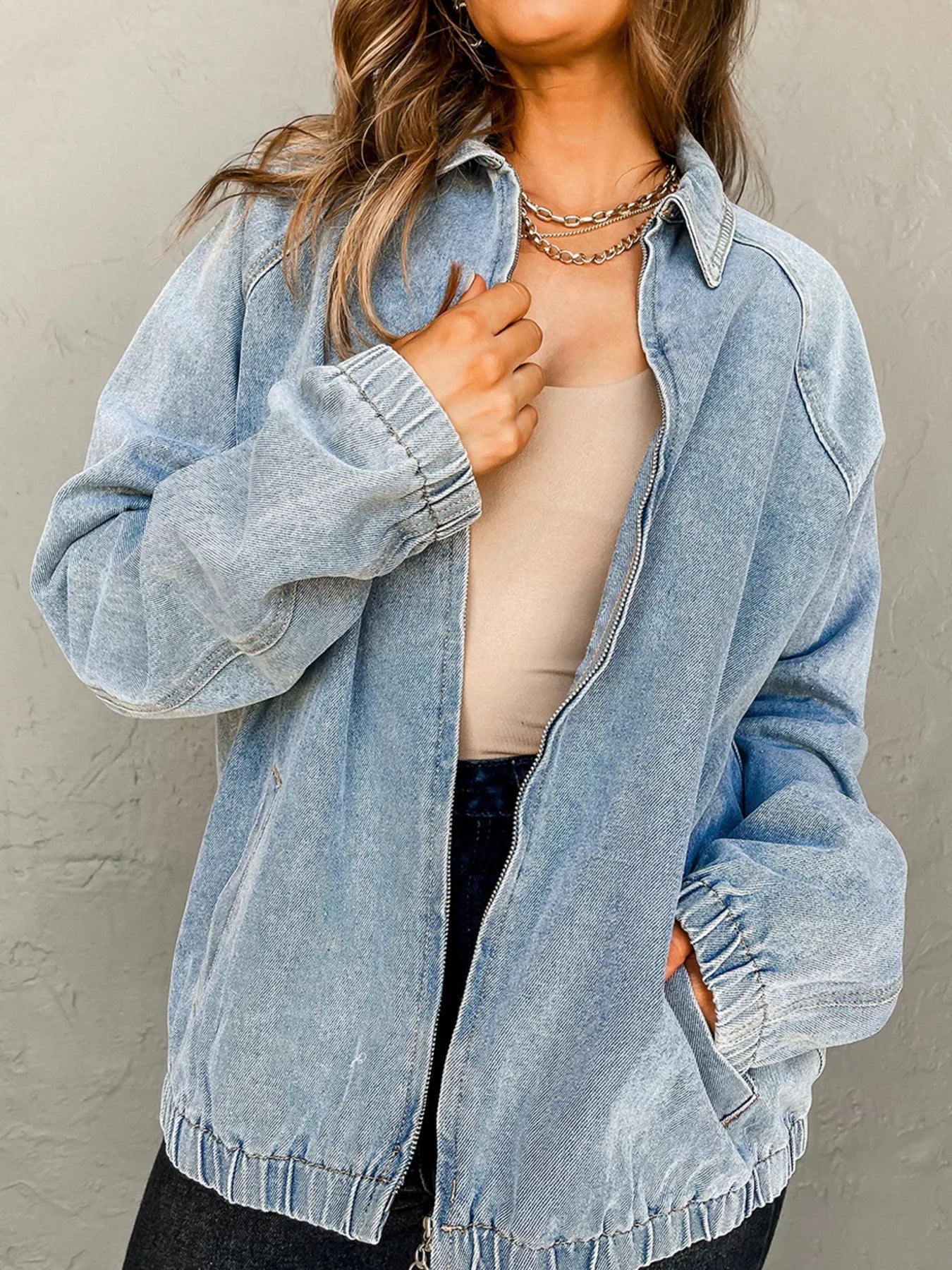 Elastic Edge Collared Zip Up Denim Jacket With Pocket - SuzRevera