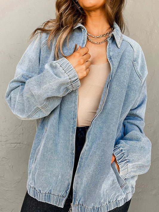 Elastic Edge Collared Zip Up Denim Jacket With Pocket - SuzRevera