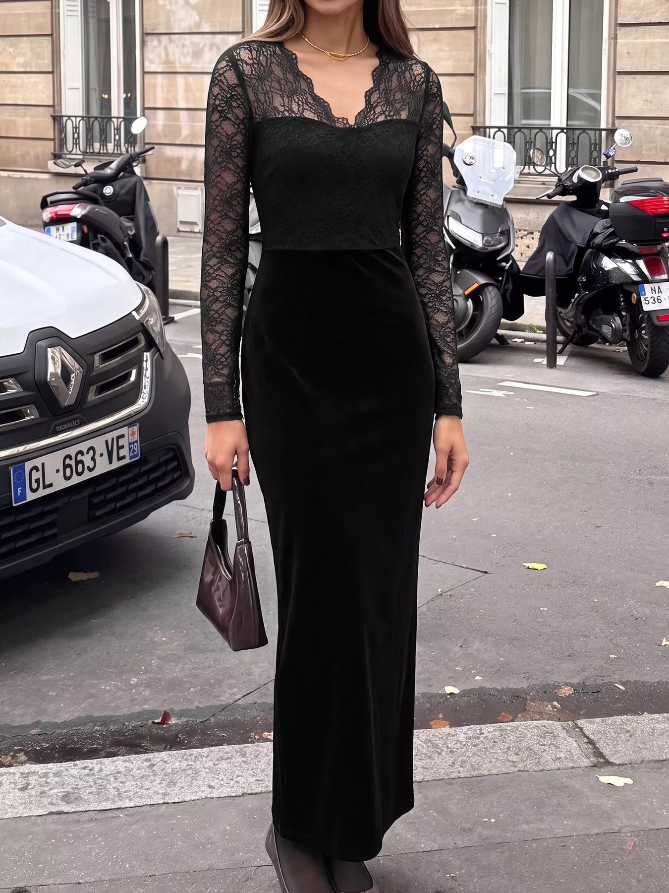 Elegant Lace and Velvet Midi Dress - SuzRevera