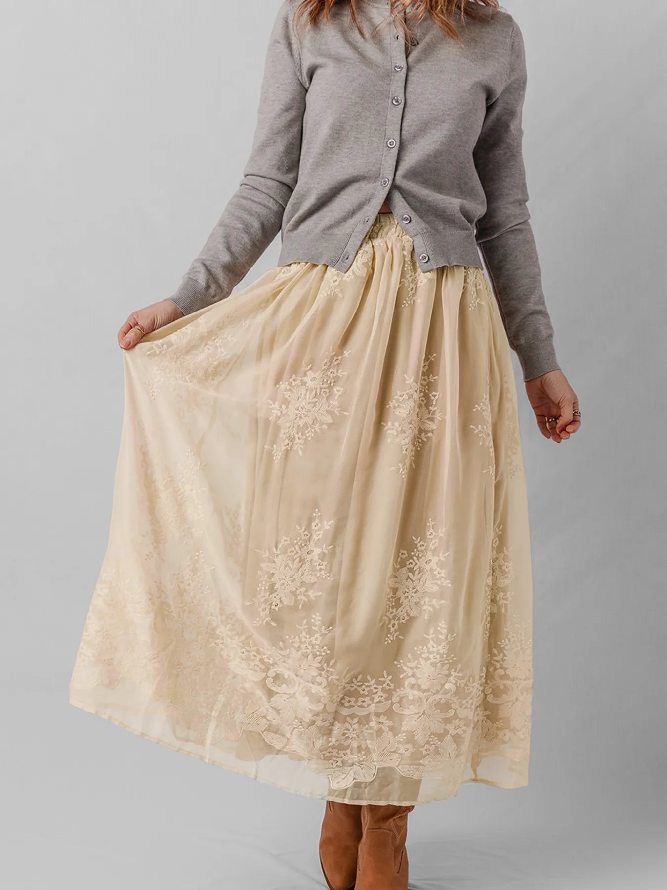 Embroidered Mesh Overlay Flowy Midi Skirt - SuzRevera