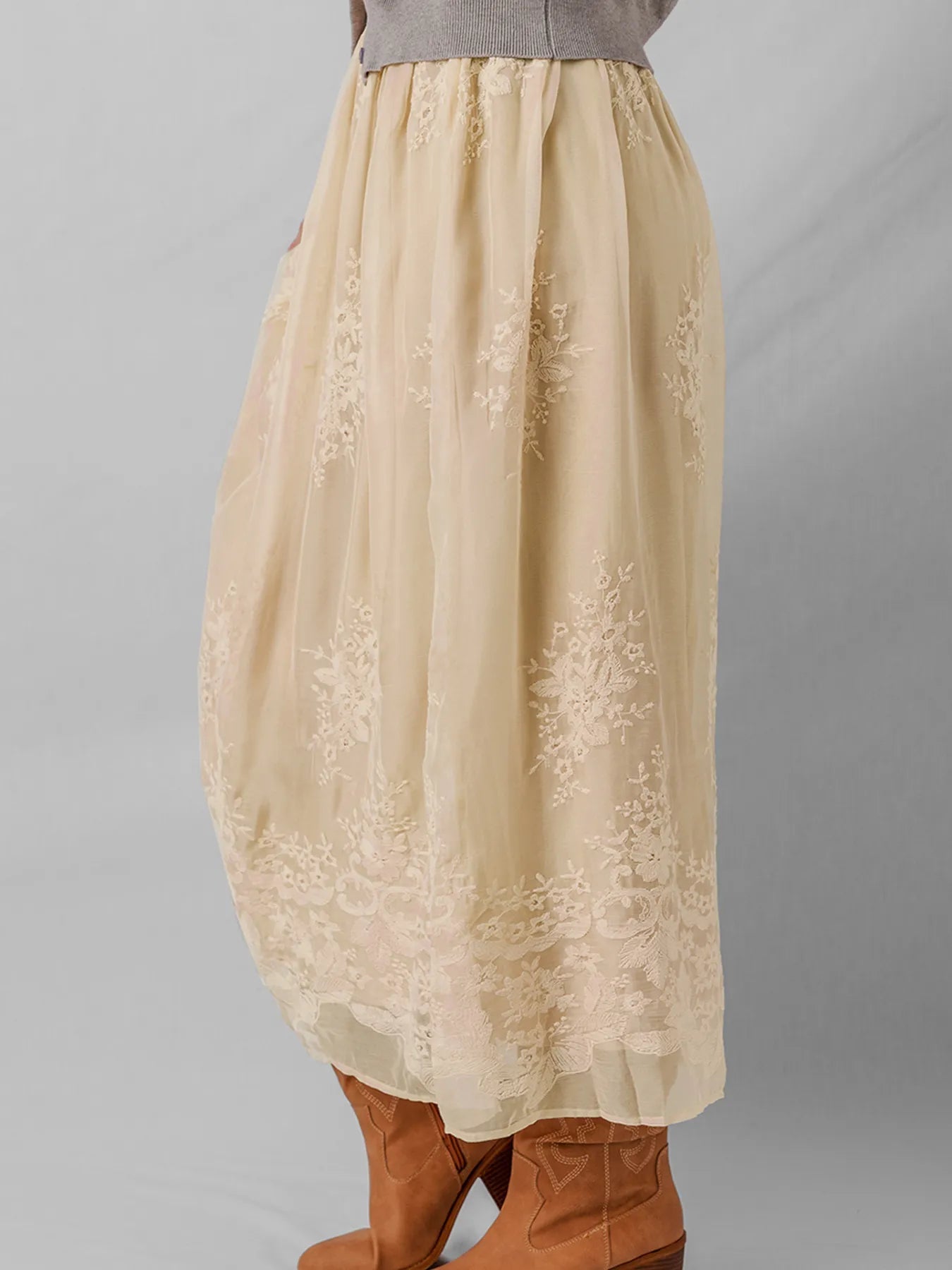 Embroidered Mesh Overlay Flowy Midi Skirt - SuzRevera