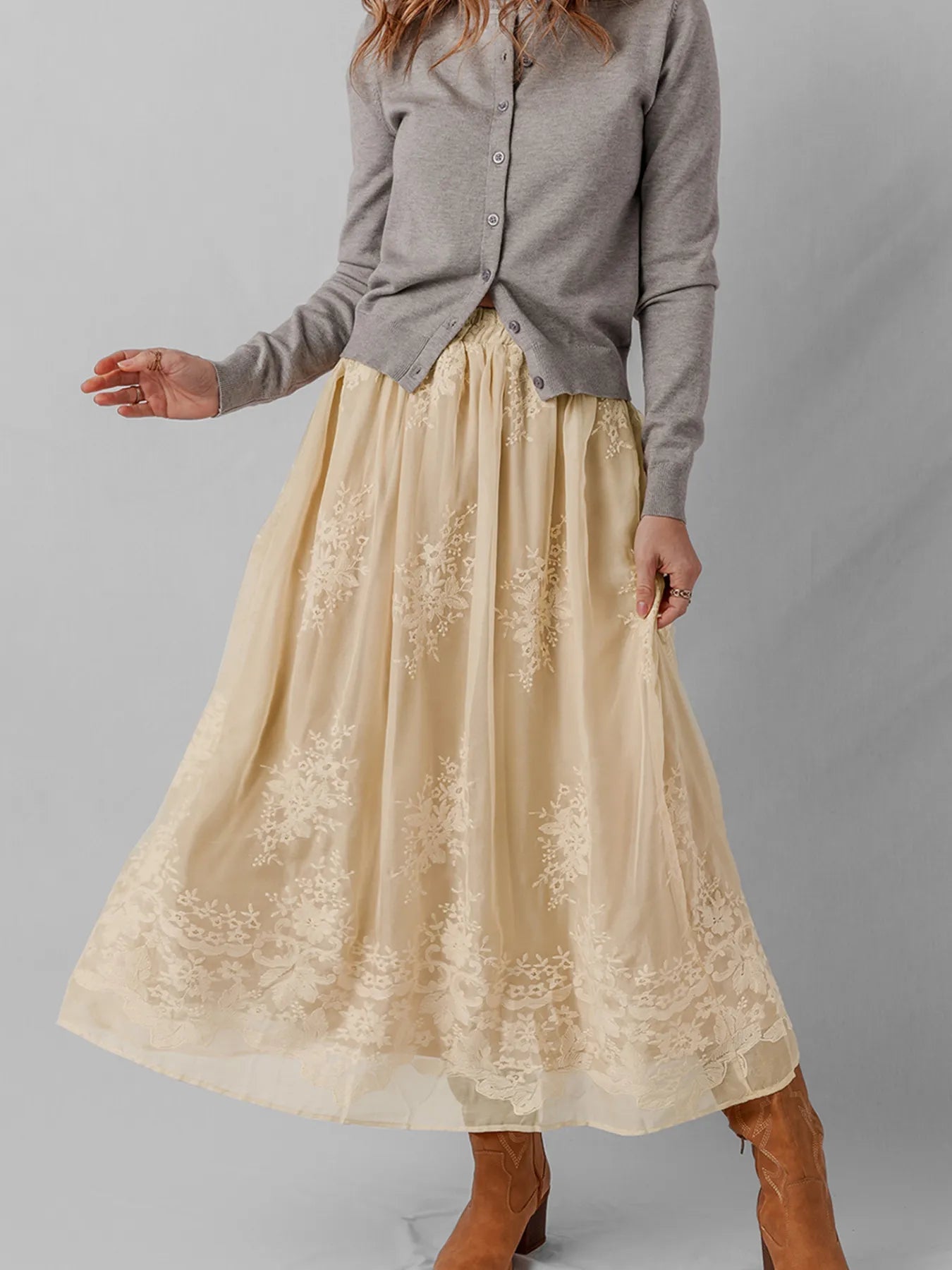Embroidered Mesh Overlay Flowy Midi Skirt - SuzRevera