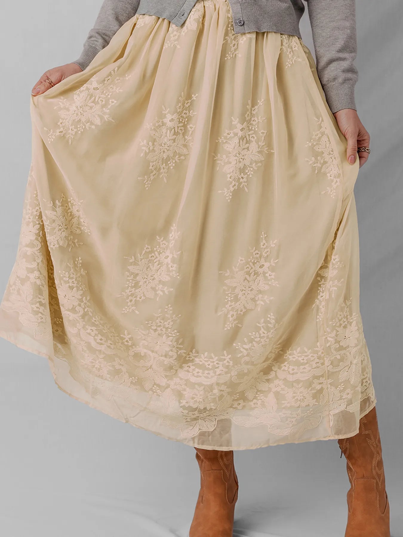 Embroidered Mesh Overlay Flowy Midi Skirt - SuzRevera