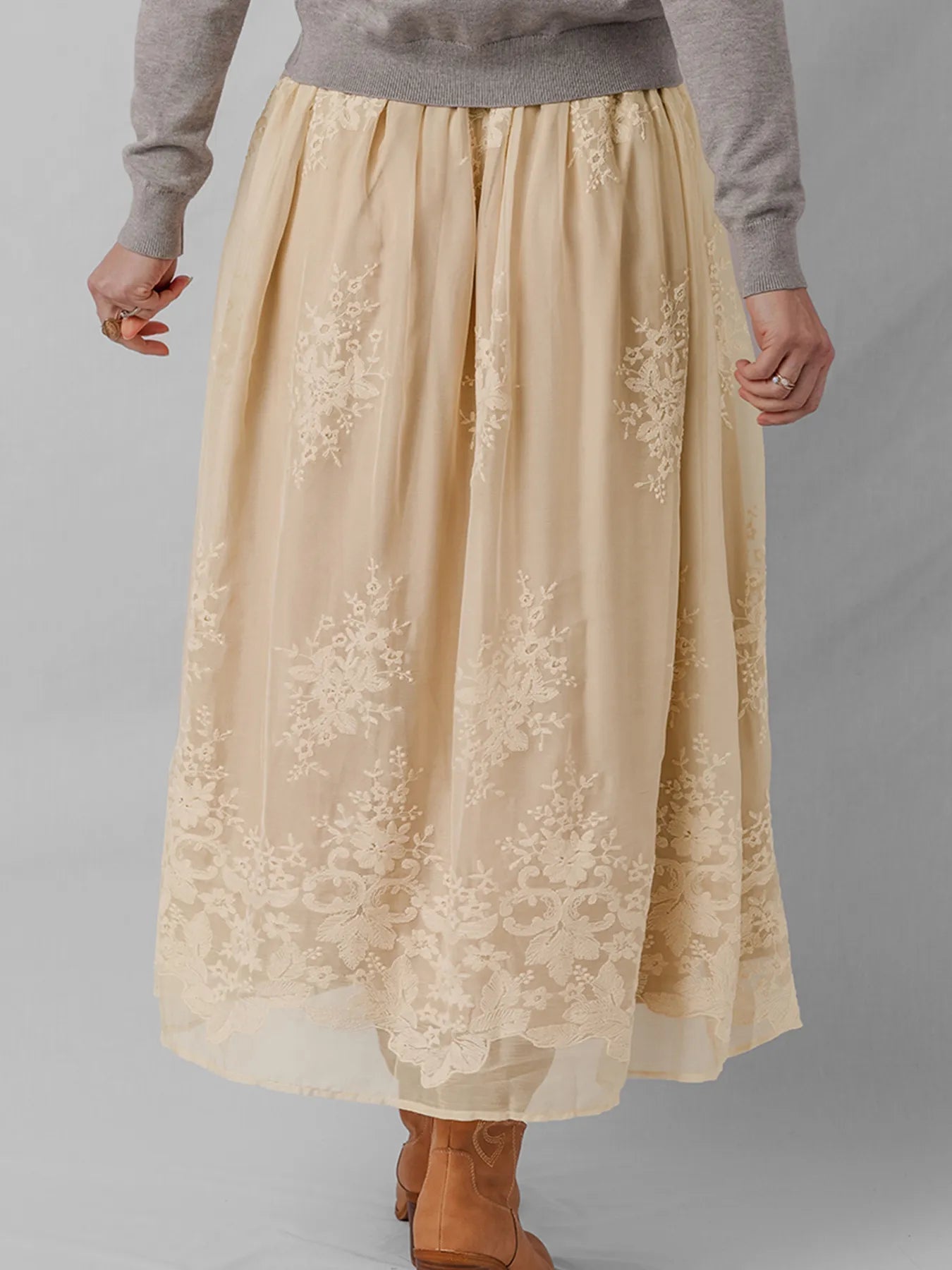 Embroidered Mesh Overlay Flowy Midi Skirt - SuzRevera
