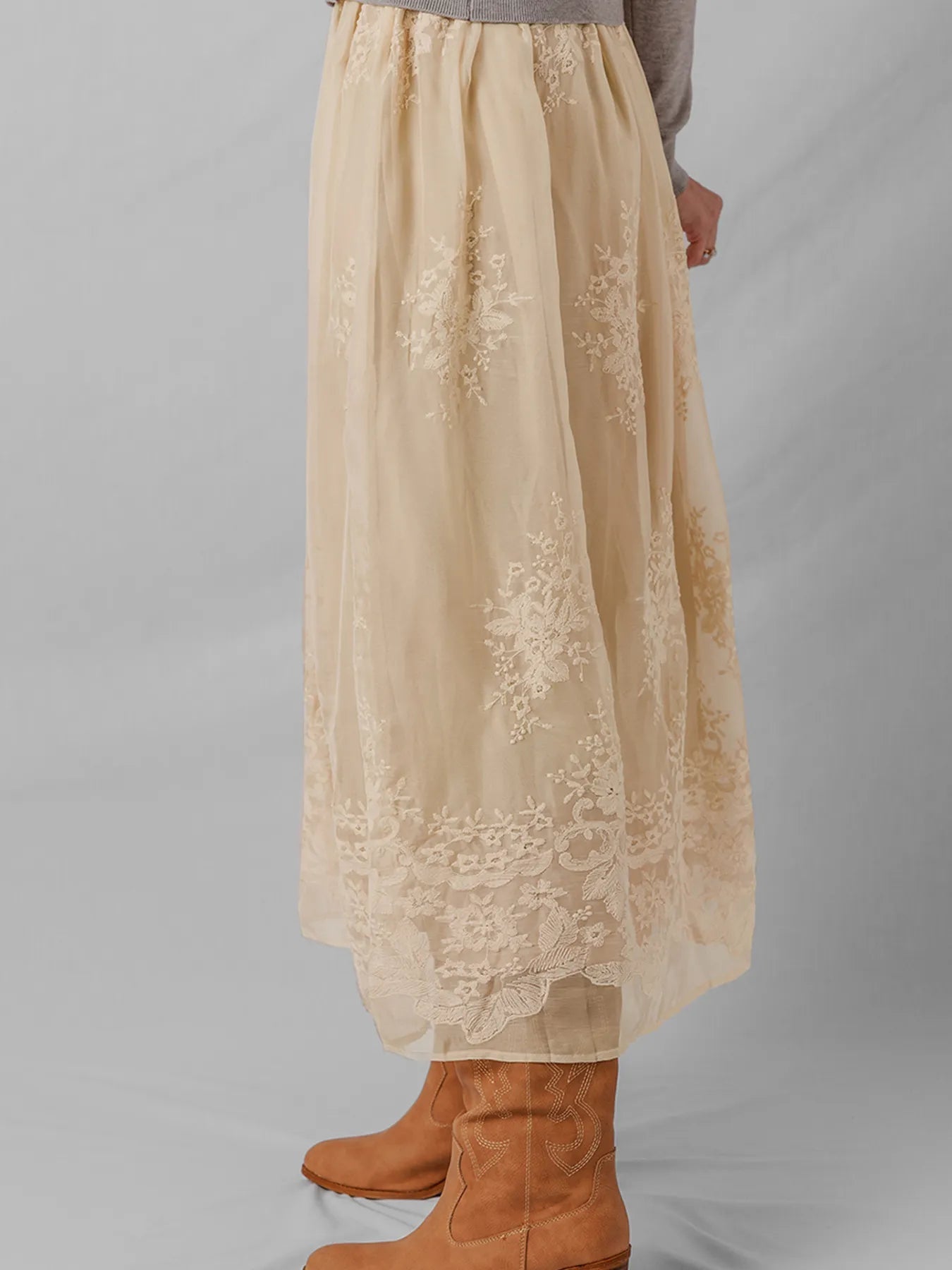 Embroidered Mesh Overlay Flowy Midi Skirt - SuzRevera