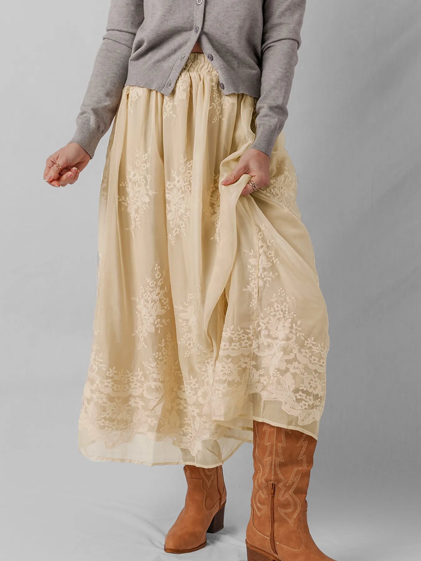 Embroidered Mesh Overlay Flowy Midi Skirt - SuzRevera