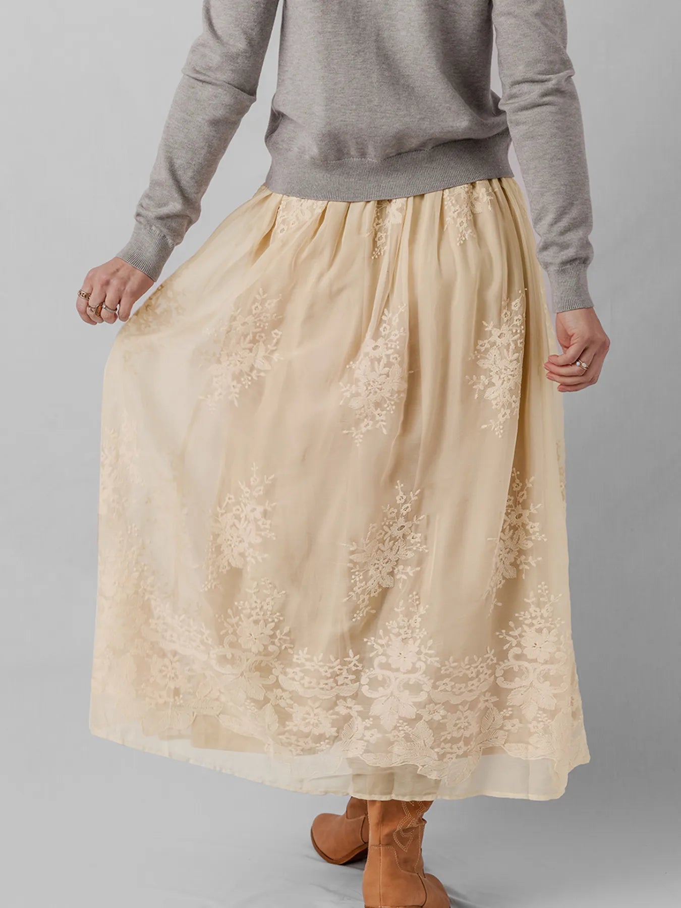 Embroidered Mesh Overlay Flowy Midi Skirt - SuzRevera