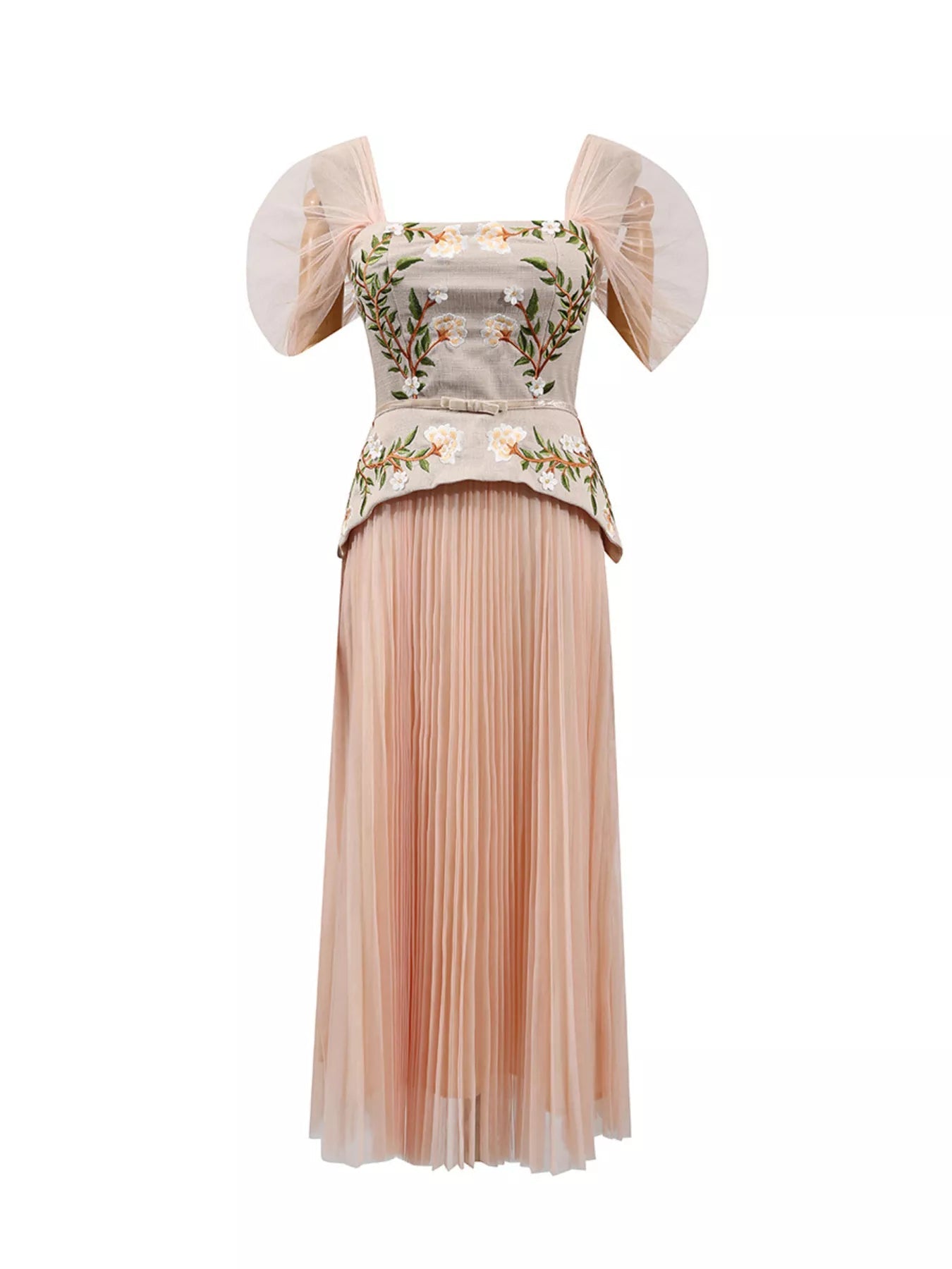 Embroidered Tulle Pleated Midi Dress - SuzRevera
