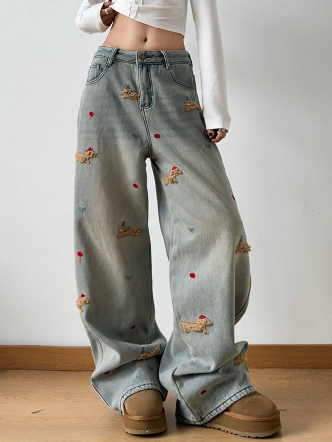 Embroidered Wide Leg Jeans - SuzRevera