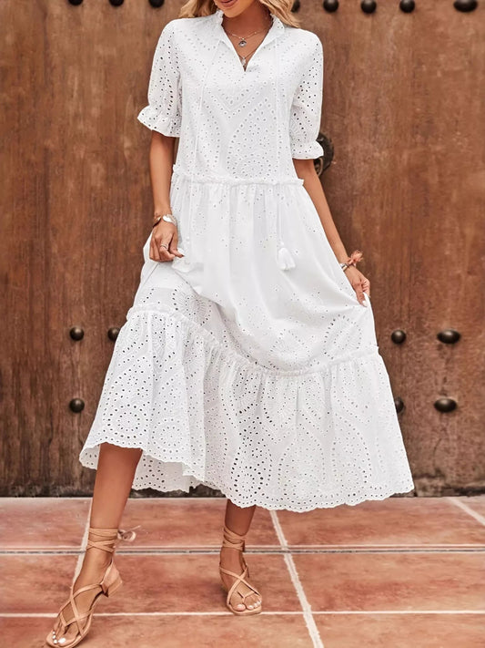 Eyelet Tie Neck Half Sleeve Midi Dress - SuzRevera
