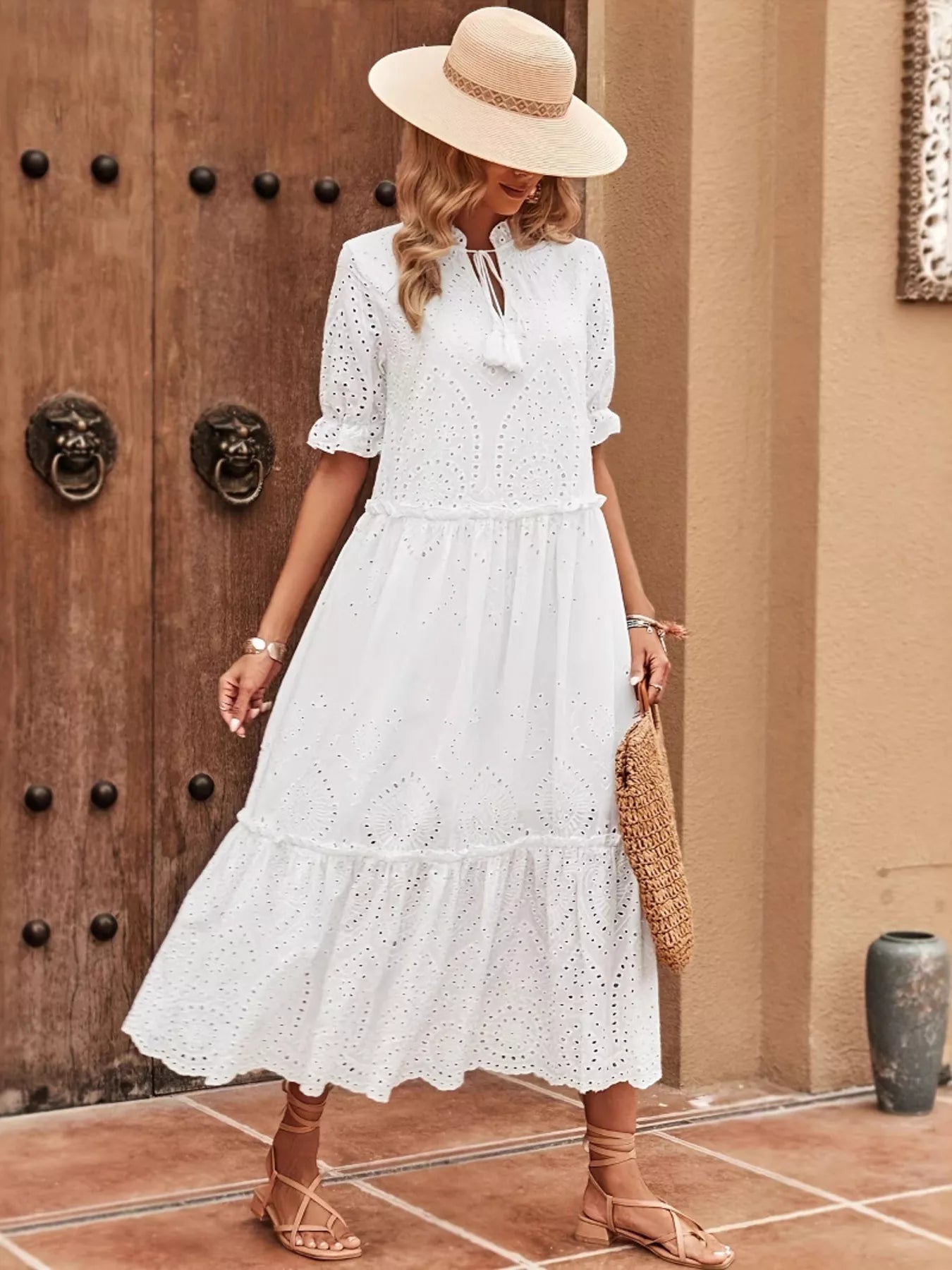 Eyelet Tie Neck Half Sleeve Midi Dress - SuzRevera