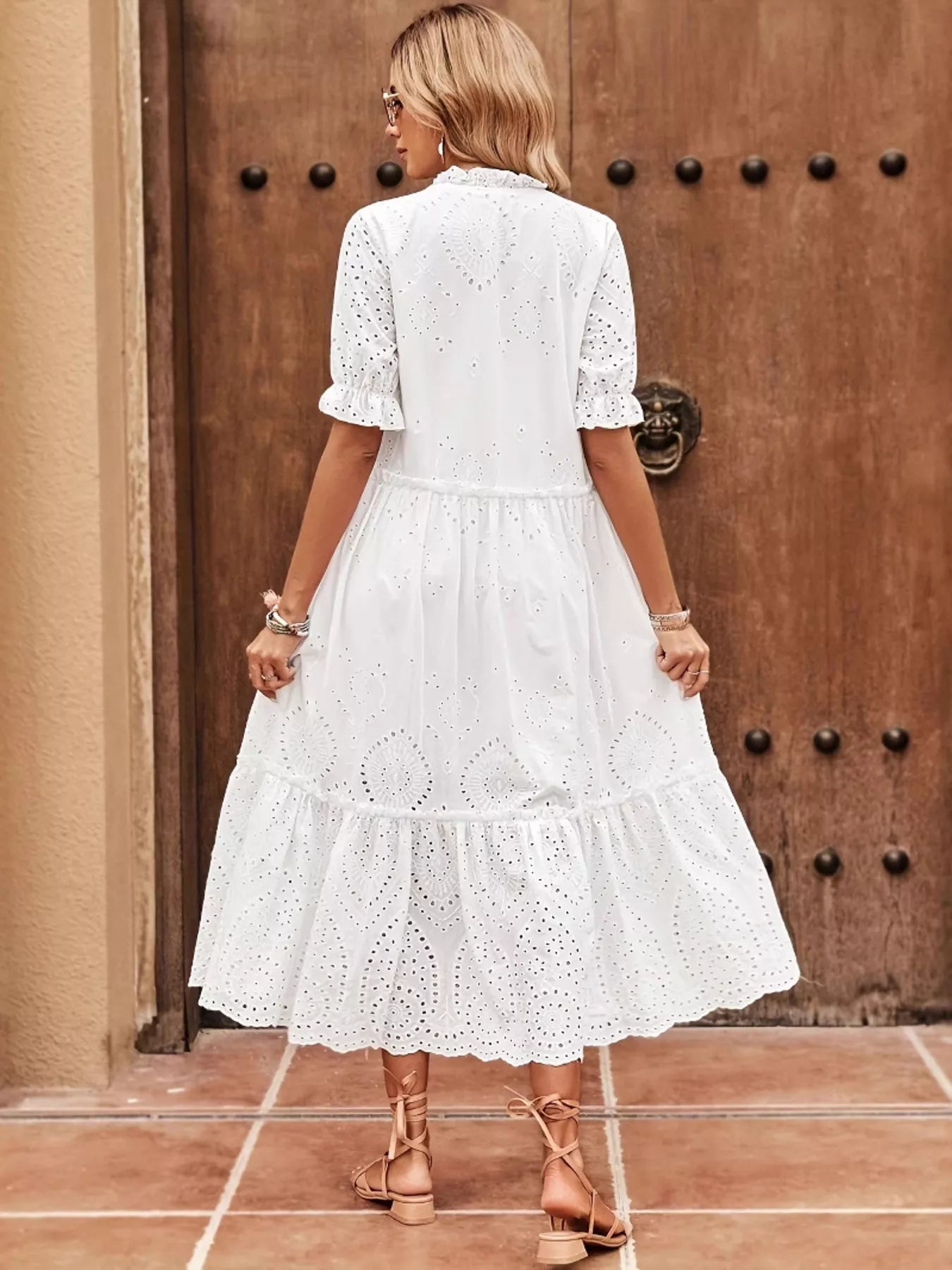 Eyelet Tie Neck Half Sleeve Midi Dress - SuzRevera