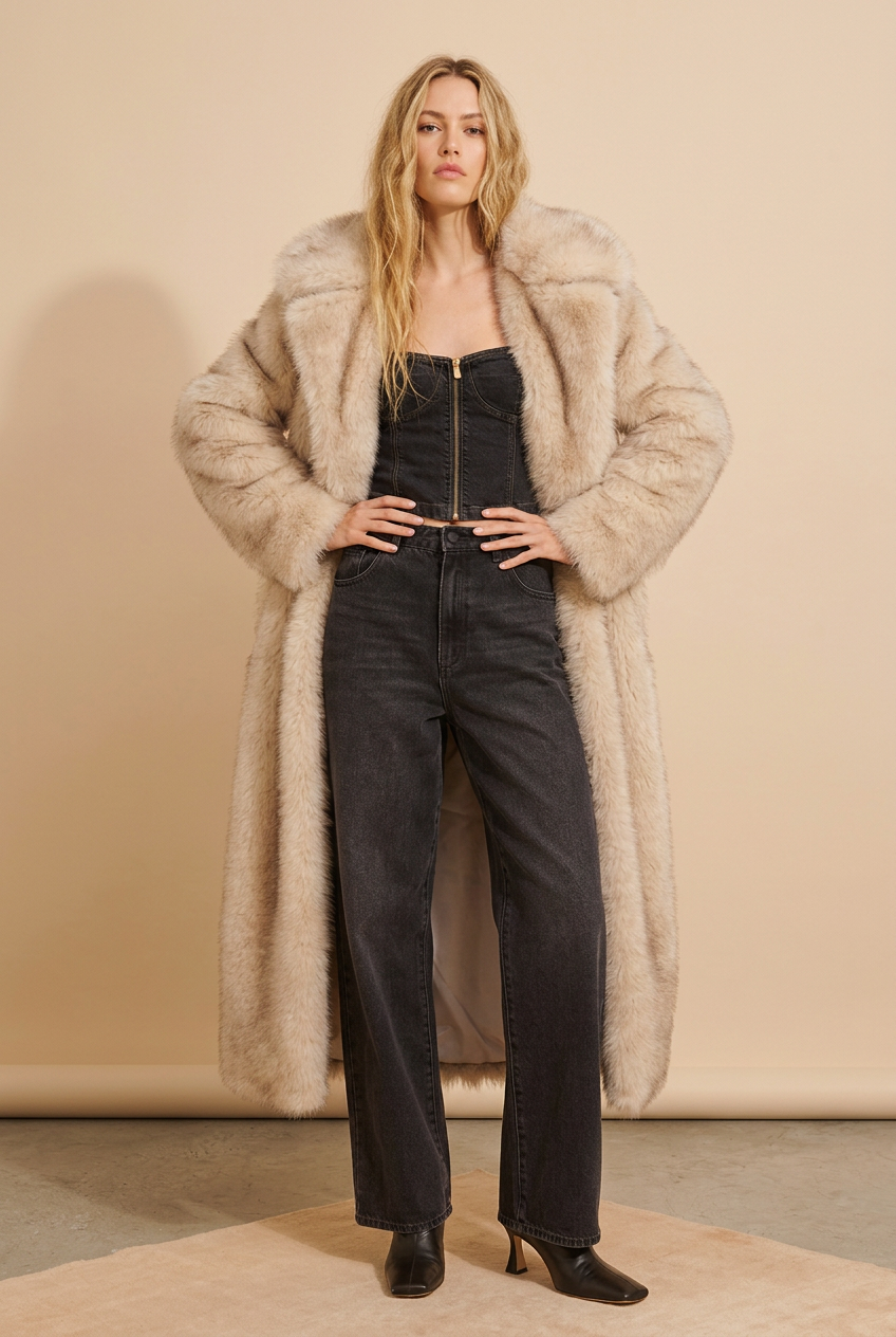 Lapel Collar Faux Fur Longline Coat with Pockets