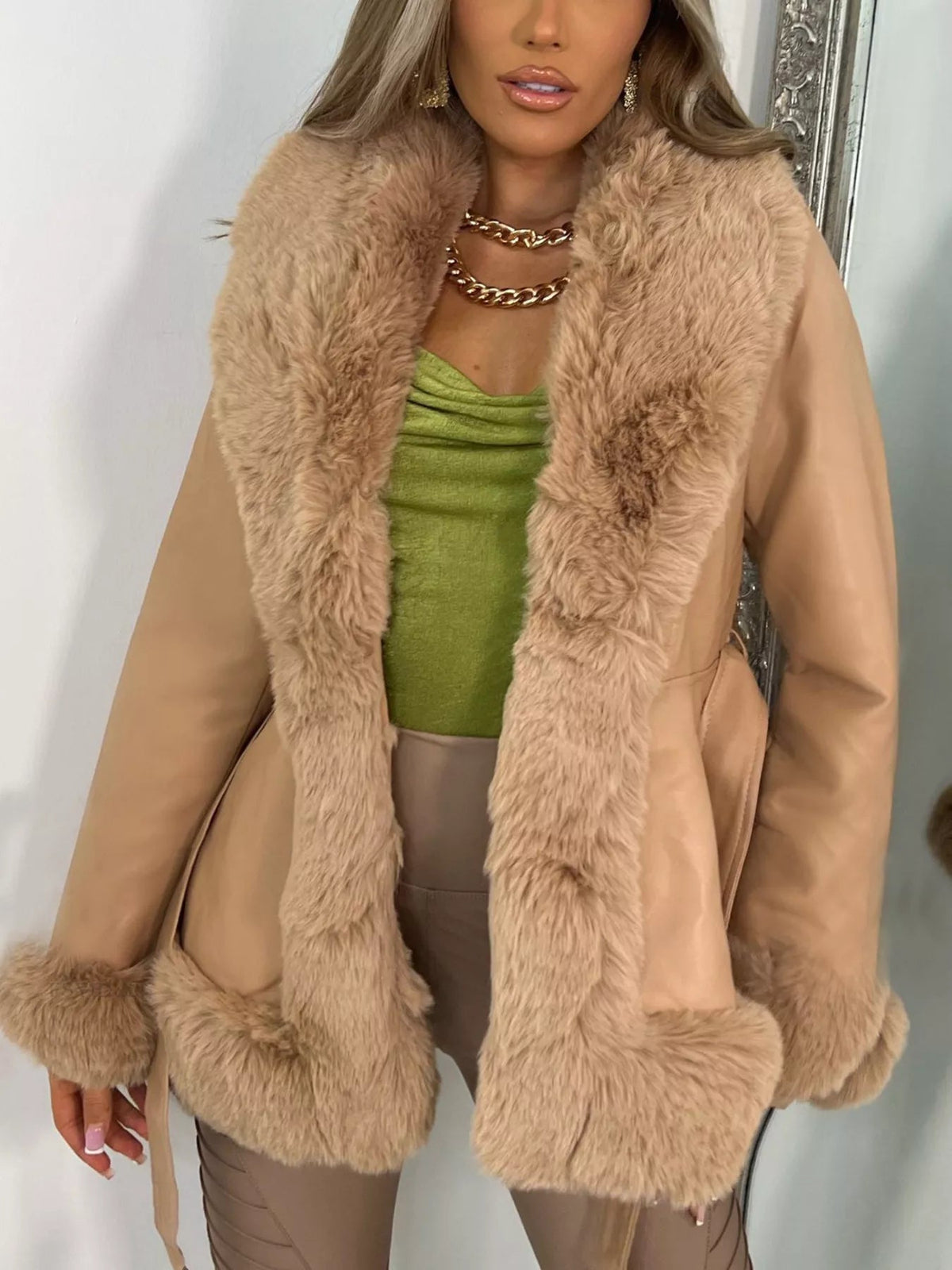 Faux Fur Trimmed Belted Outerwear - SuzRevera