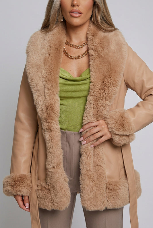 Faux Fur Trimmed Belted Outerwear - SuzRevera